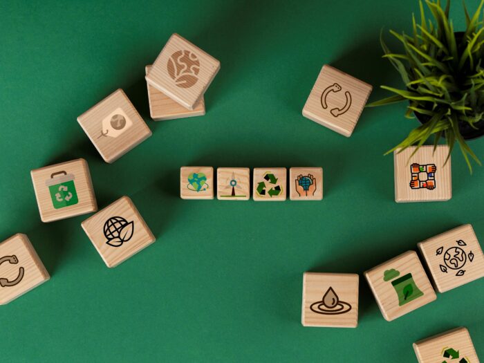 Cubes en bois mélangés, avec des symboles variés représentant différentes actions de développement durable