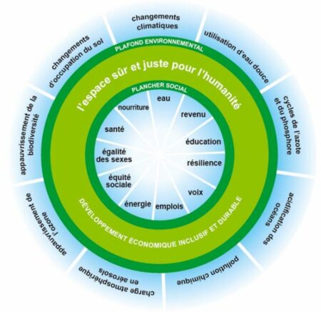 Illustration du Donut de Kate Raworth - l'espace sûr et juste pour l'humanité, entre le plafond environnemental et le plancher social