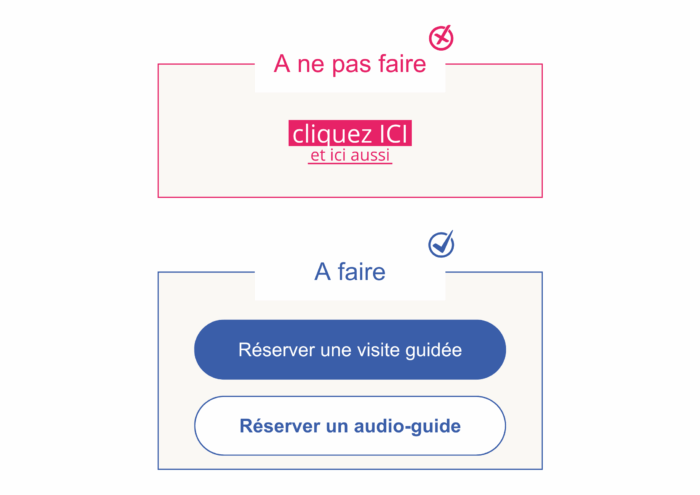 Illustration des bonnes pratiques pour liens et boutons cliquables : ne pas faire des liens "cliquez ici" et collés les uns aux autres ; faire des boutons espacés et concrets comme "réserver un audio-guide".
