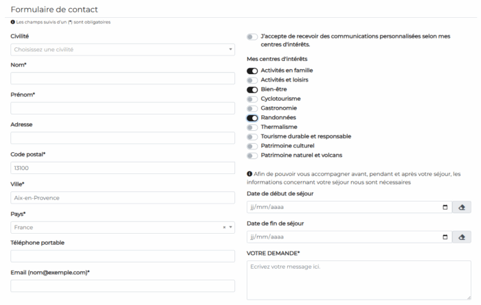Capture d'écran du formulaire de contact de Clermont Auvergne Volcans pour illustrer son accessibilité.